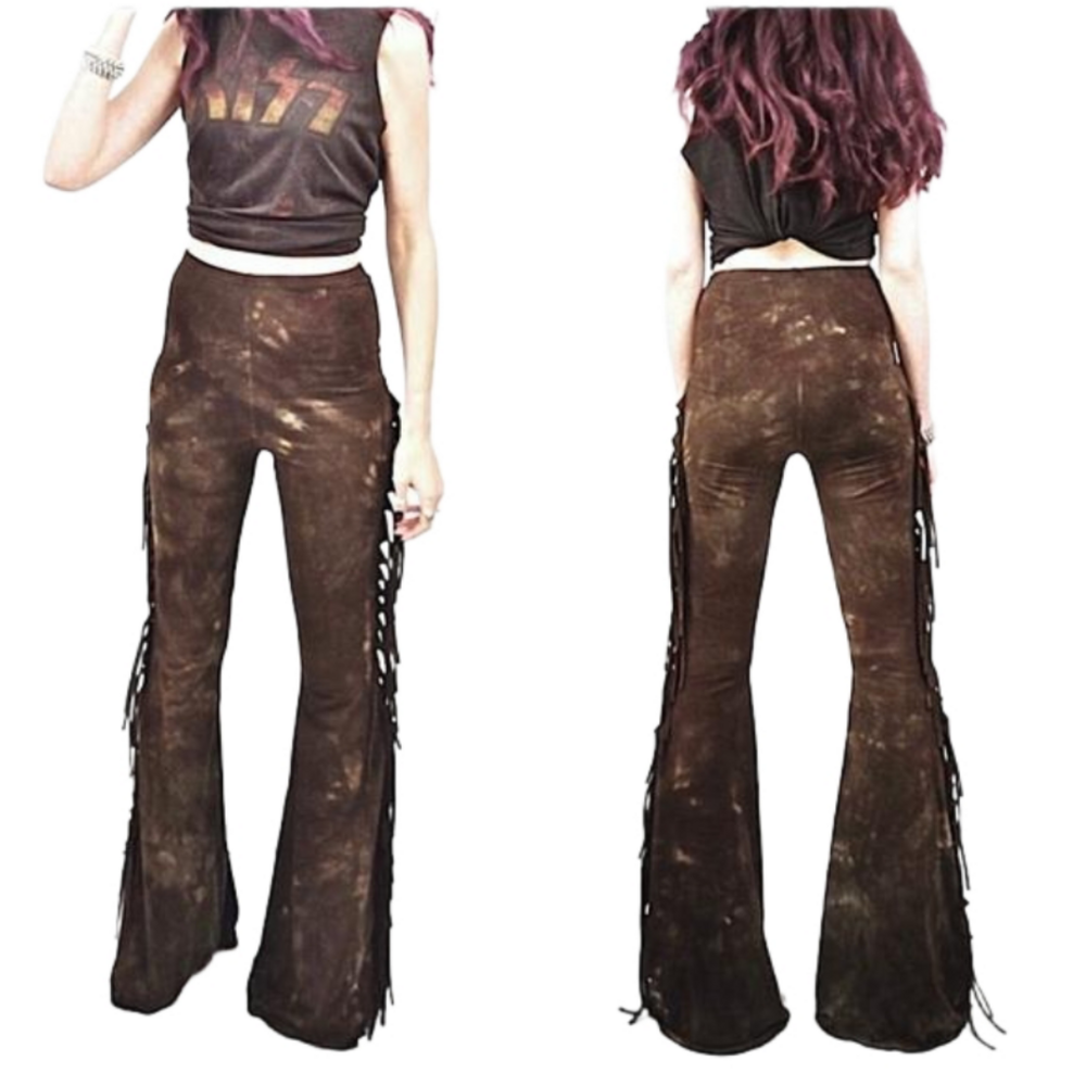 High Waisted Fringe Bell Bottoms in BROWN TIE DYE Size XS S M L XL Suede Leather - Picture 8 of 8
